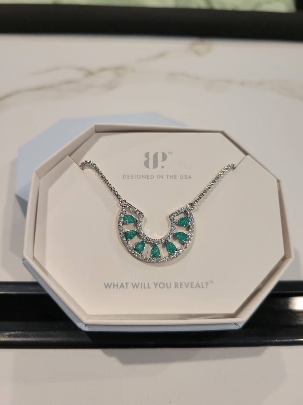 Rhodium Plating Necklace with Teal Gem Accents by Bomb Party